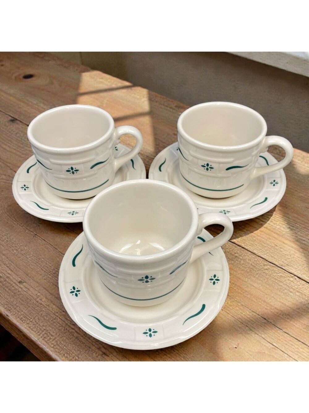 Longaberger Woven Traditions Heritage Green 3 Cups & 3 Saucers Set Lot USA